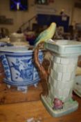 A Wade novelty vase with budgerigar mount together with a modern Chinese porcelain jardiniere