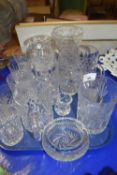 Tray of various clear glass tankards and other items