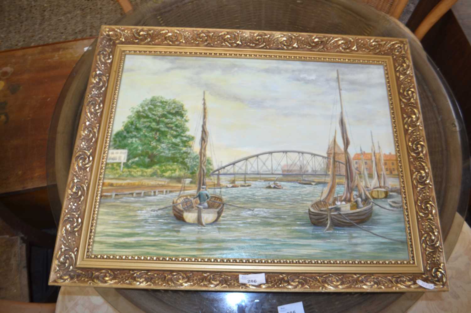 Contemporary school study of Yarmouth Suspension Bridge, gilt framed