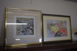 Coloured print, Seagulls together with a framed floral study