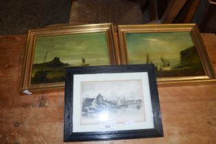 19th Century school pair of coastal scene studies, oil on board, gilt framed together with a further