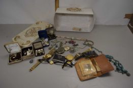 Box of various assorted wristwatches, base metal cased pocket watch, assorted costume jewellery etc
