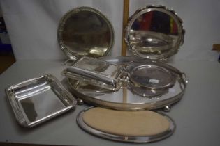 Mixed Lot: An oval silver plated serving tray with galleried sides, further smaller trays, serving