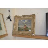 Ornate framed oil on board, river scene with windmill