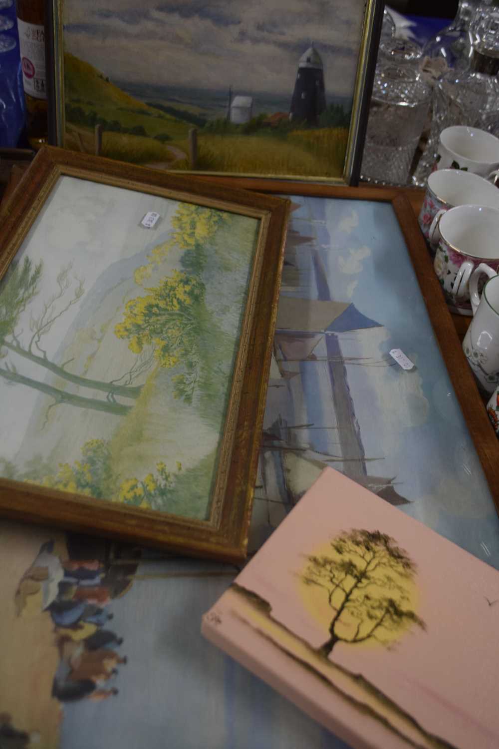 Mixed Lot: Pictures to include coloured print after Wagner, further oil on board of a windmill and