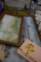 Mixed Lot: Pictures to include coloured print after Wagner, further oil on board of a windmill and