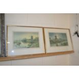 Two framed river/windmill studies