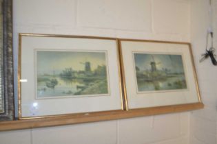 Two framed river/windmill studies