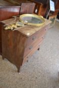 Late Georgian mahogany chest of three drawers with oval brass handles, 93cm wide (a/f)