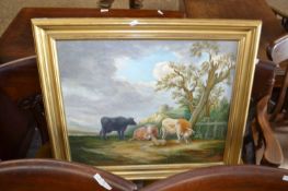 Contemporary school study of cattle and sheep in a landscape, oil on board