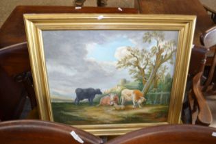Contemporary school study of cattle and sheep in a landscape, oil on board