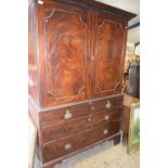 Late Georgian mahogany linen press cabinet, the top section lacking inner trays, requiring