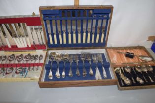 Three cases of silver plated and steel cutlery