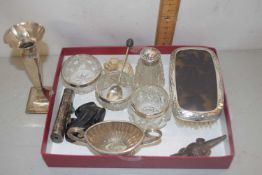 Mixed Lot: Small silver bud vase with loaded stem, small condiment pot, dressing table brush etc