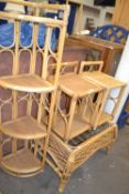 A matched set of bamboo and rattan conservatory furniture comprising four tier corner shelf, two