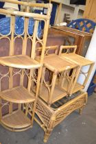 A matched set of bamboo and rattan conservatory furniture comprising four tier corner shelf, two