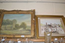 Study of a Church, oil on board in gilt frame together with study of a cottage, watercolour