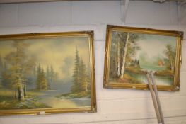 A modern woodland landscape with river by D Jackson in gilt frame together with another similar (2)