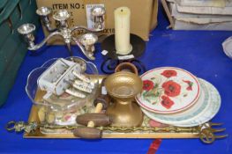 Mixed Lot: Four branch candelabra, other smaller candelabras, pot stand, tray, toasting fork etc