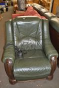 A green leather upholstered three piece suite including an electric recliner