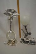 Two reproduction composition and glass figural table lamps mounted with Art Deco style ladies