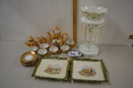 Mixed Lot: Continental gilt lustre coffee set, two lustre wall plaques with hunting decoration and a
