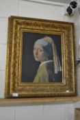 After Vermeer, The Girl with the Pearl Earring, coloured print set in a heavy gilt frame