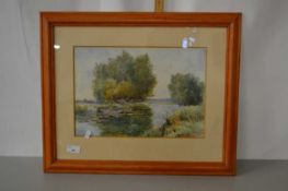Mary Priestley Lewis, fishing beside reed beds, watercolour, framed and glazed