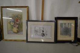 Mixed Lot: Still life study of a vase of flowers together with J W Taylor golfing print and a framed
