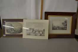 Mixed Lot: Monochrome engraving of cattle before a castle plus two further prints (3)