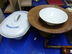 A large wooden tazza, a small cream Wedgwood tazza and a stone ware tureen and cover (3)