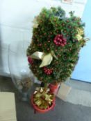 A tall glass vase approx 67cm high together with an artificial Christmas tree on stand (a/f)