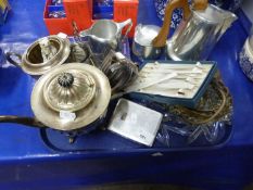 Mixed Lot: Three piece EPNS tea set, Pico ware tea set, tea knives, small ceiling shade etc