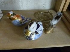 Two Royal Crown Derby figures together with a gilt ashtray and a novelty model of a shoe
