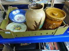 A Hornsea style biscuit barrel together with green glass bowl, large jug etc