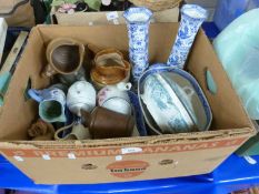 Mixed Lot: Blue and white tureens, vases, stone ware jugs, teapots and other items