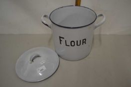 An enamel flour bin