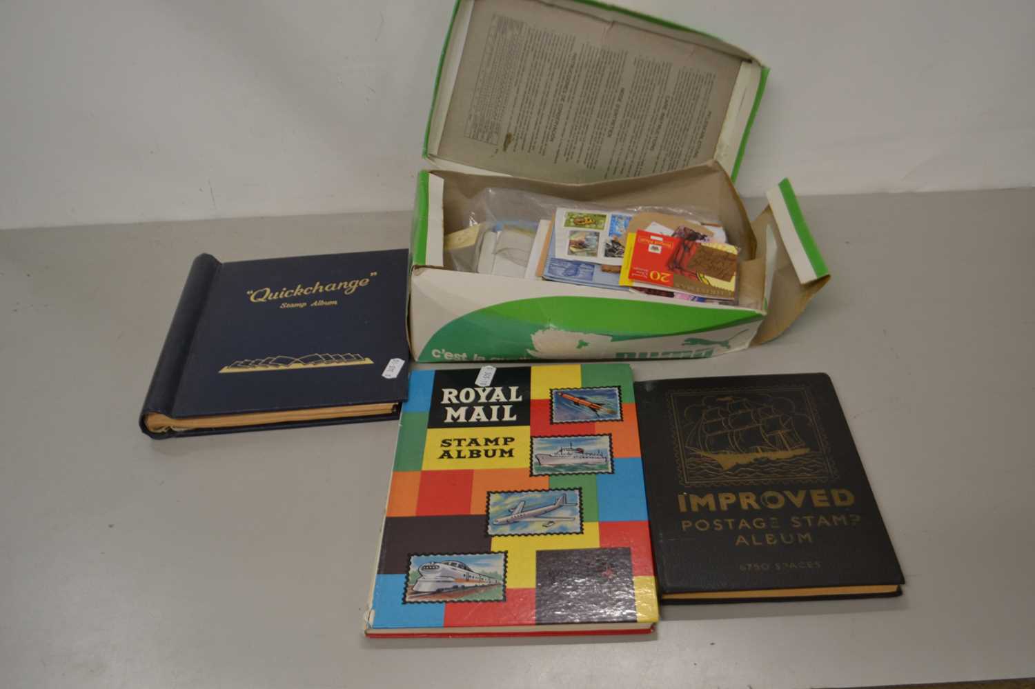 Mixed Lot: Three various junior stamp albums plus a box of various loose stamps