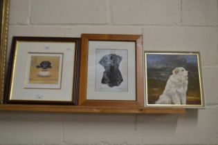 Mixed Lot: Oil on board study of a stately Golden Retriever together with two coloured prints of