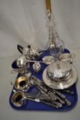 Mixed Lot: Silver plated tea wares, various cutlery, decanter etc