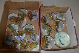 Two boxes of various collectors paperweights with early 20th Century scenes from British tourist
