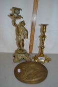 Mixed Lot: 19th Century cast brass figural candlestick, 18th Century brass candlestick with petal