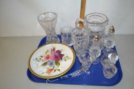 Tray of various mixed glass vases, floral encrusted plate and other items