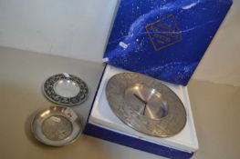 Royal Selangor pewter wall clock and two further small dishes