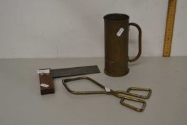 Mixed Lot: A tankard formed from a shell case, wood working set square and a pair of brass tongs