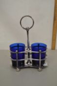 Silver plated stand with two Bristol blue glass cups