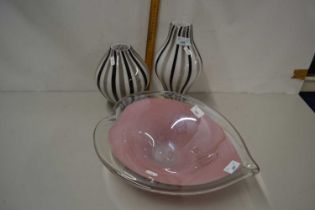 Two modern Art Glass vases with striped decoration together with a further pink tinted Art Glass
