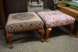 Two cabriole legged footstools with differing upholstery