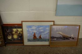 Pam Baldwin, seascape with boats together with a further framed print of Concorde and two further