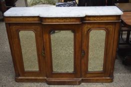 Victorian walnut and inlaid marble top break front side cabinet, for restoration, 116cm wide
